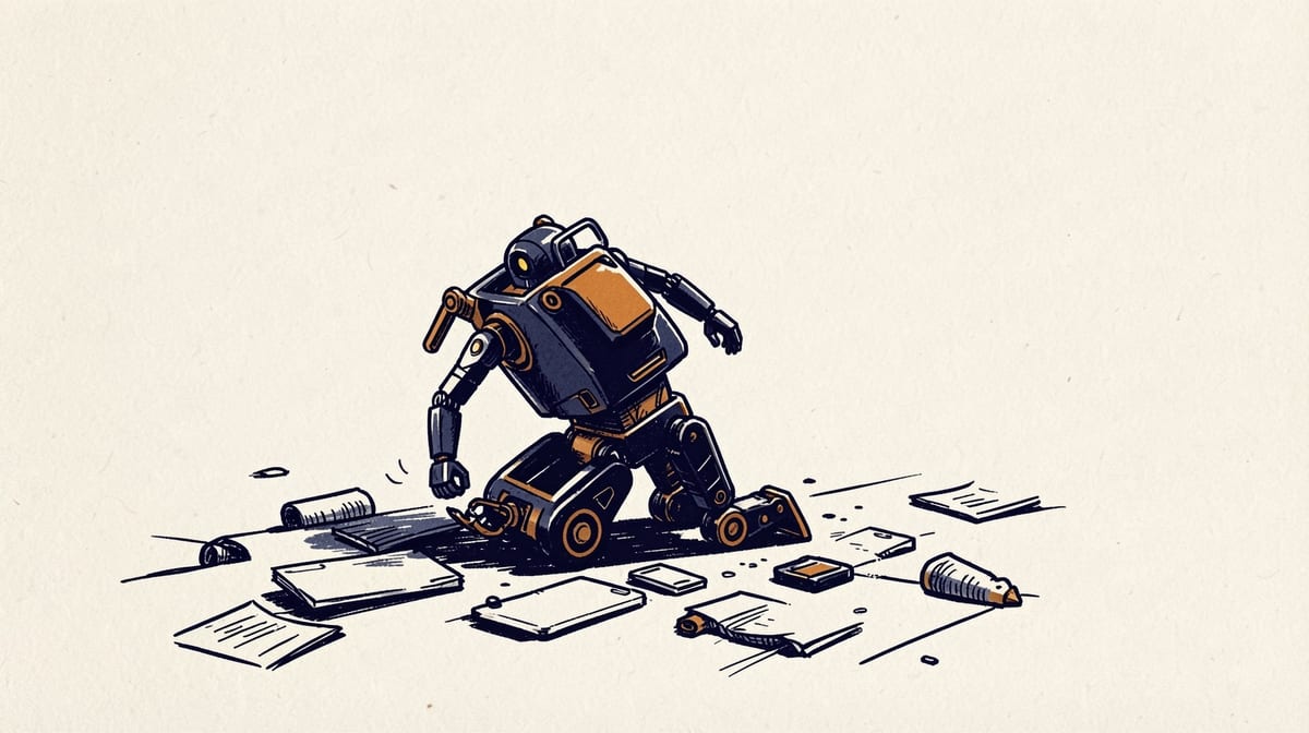 Wind-up toy robot operating smoothly on a clean table, then tipping over on a cluttered, uneven surface.