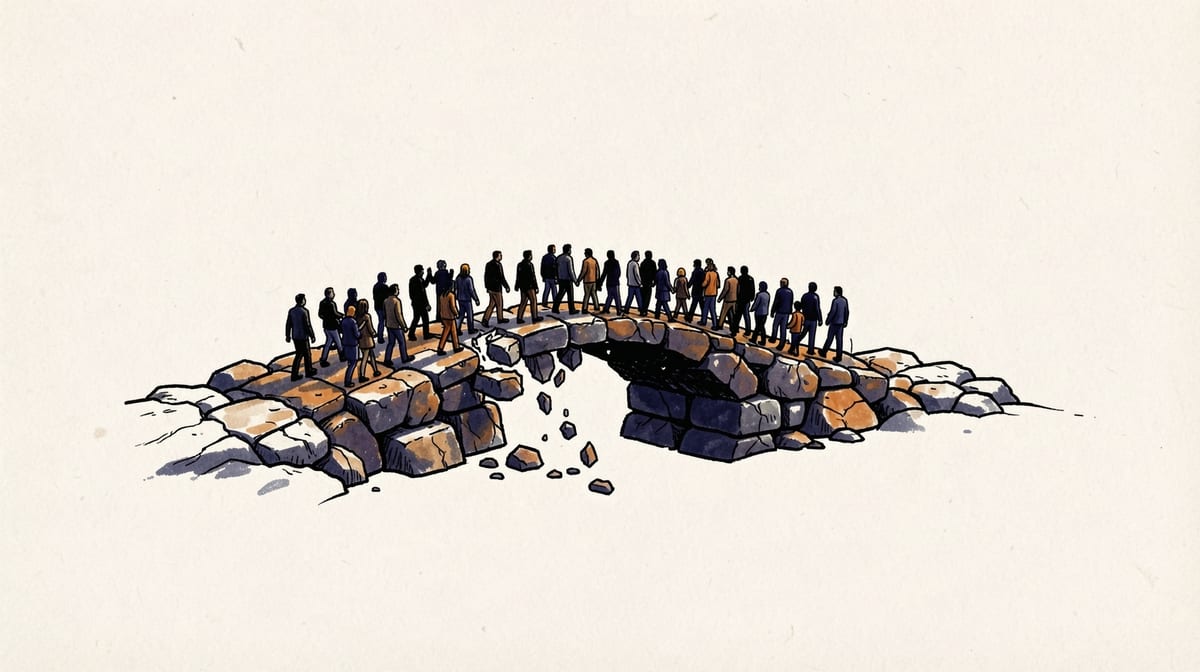 Stone bridge made of stacked rocks holds firm under a small group but crumbles and separates under a larger crowd's weight.