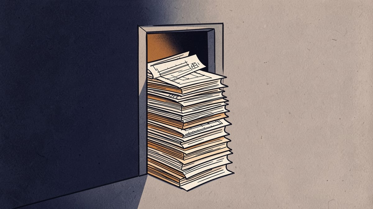 Narrow doorway with a massive stack of building blueprints piled outside, only a few sheets squeezing through at once.