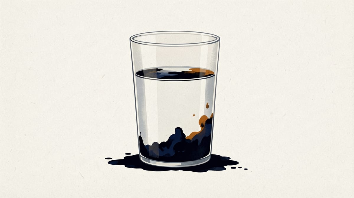 Glass container of clear water with dark ink seeping up from below, gradually clouding the liquid from the bottom upward.