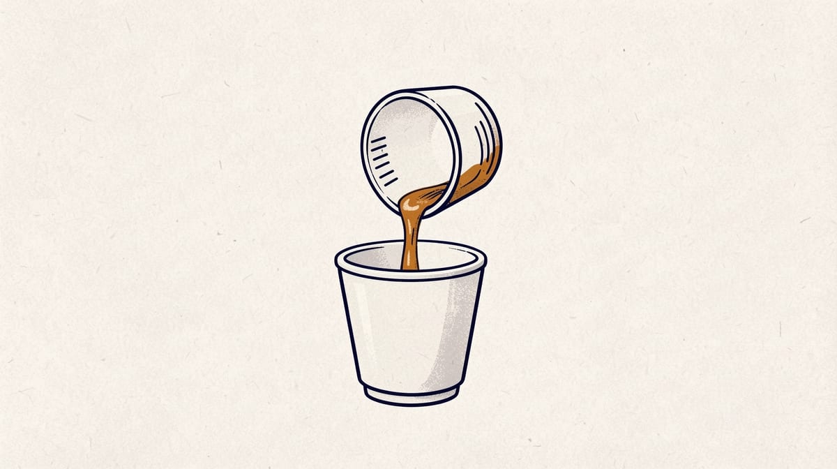 Half-filled measuring cup pouring liquid into an empty cup, with measurement markings disappearing during the transfer.