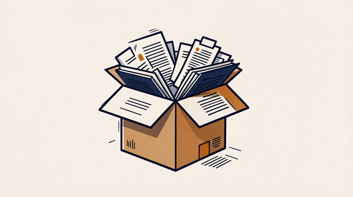Overstuffed cardboard box bursting at seams with papers and files spilling out, box warping under pressure.