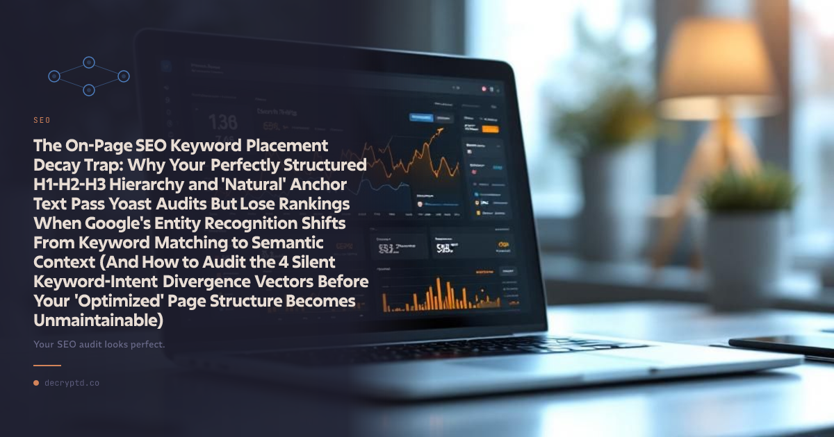 On-page SEO keyword placement strategy illustrated with abstract minimalist tech design showing semantic context and entity recognition optimization