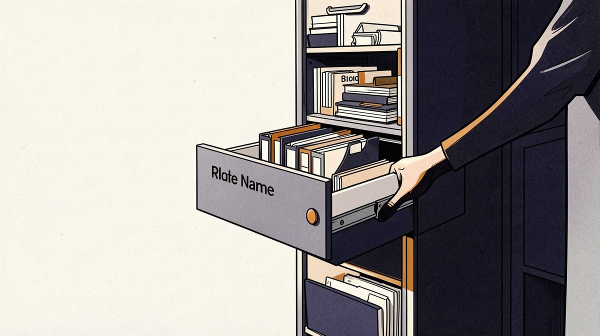 Person opening a filing cabinet drawer labeled with a name, revealing folders reorganized by relationship and context rather than spine labels.