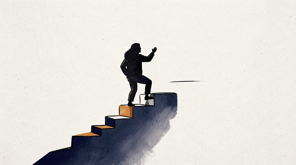 Staircase with progressively higher steps and fixed handholds, forcing a climber to reach farther upward with each step.
