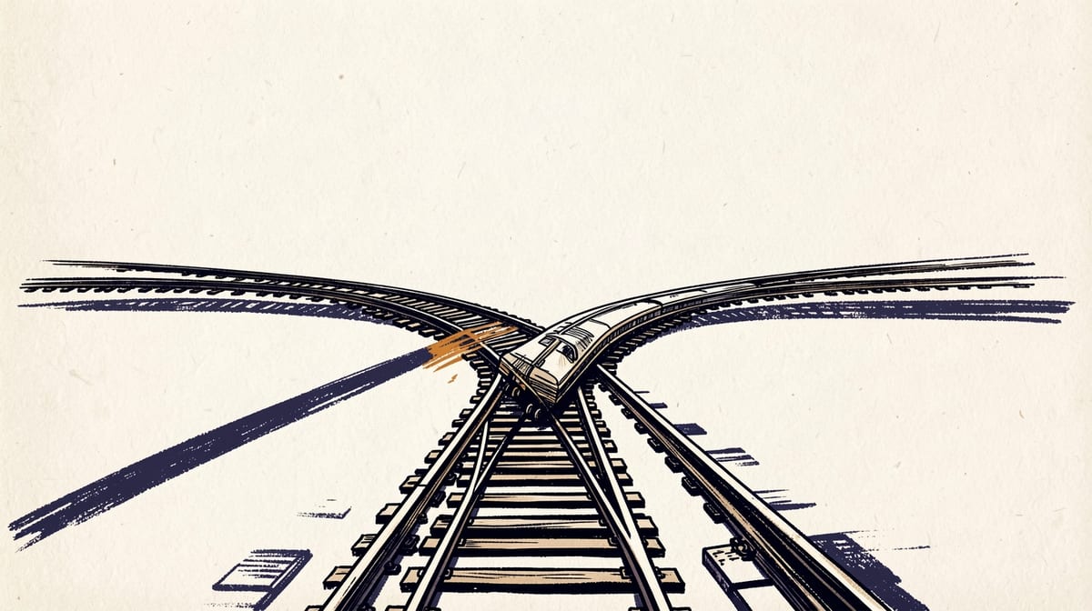 Railroad track splitting into incompatible gauge widths with a train car derailing at the divergence point.