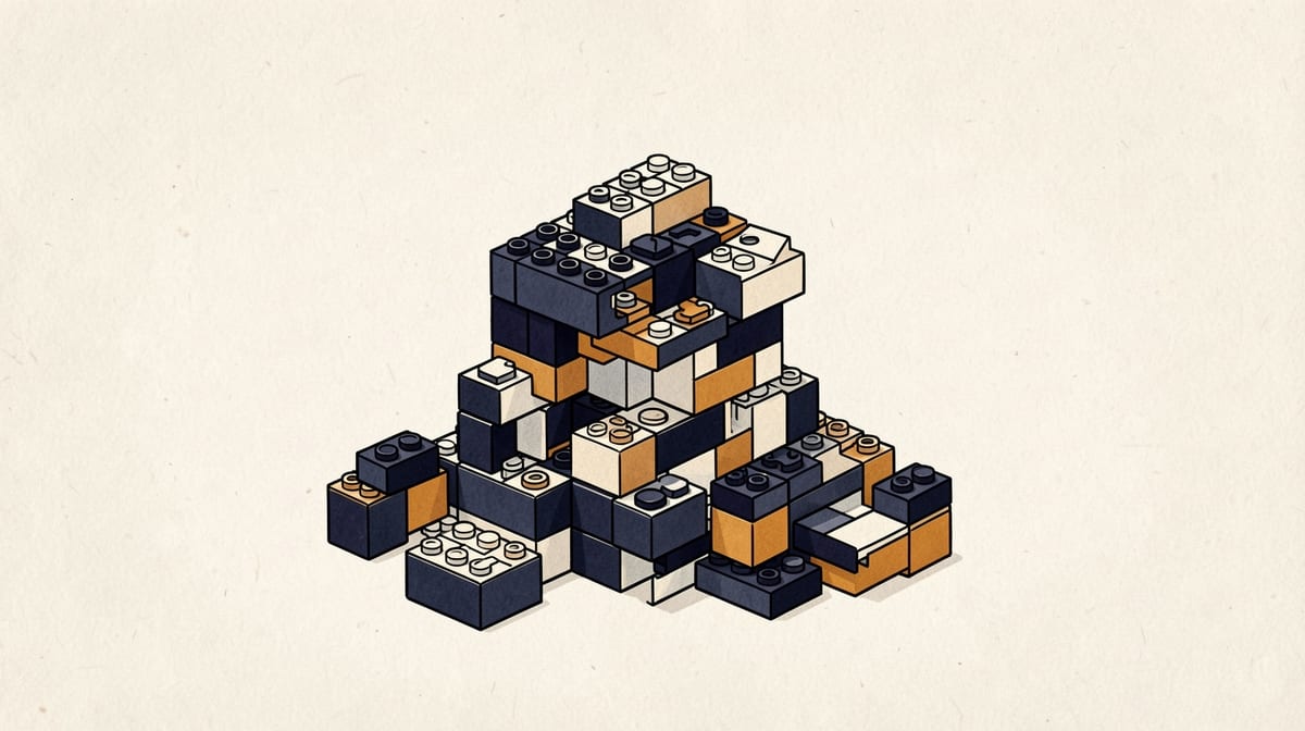 Half-built structure made of interlocking plastic blocks with incompatible blocks from a different set scattered nearby, forcing reconstruction.