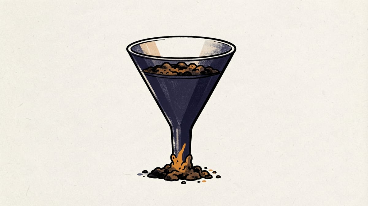 Funnel with smooth flow narrowing at bottom where sediment clogs the opening, causing pressure to back up through the wide top section.