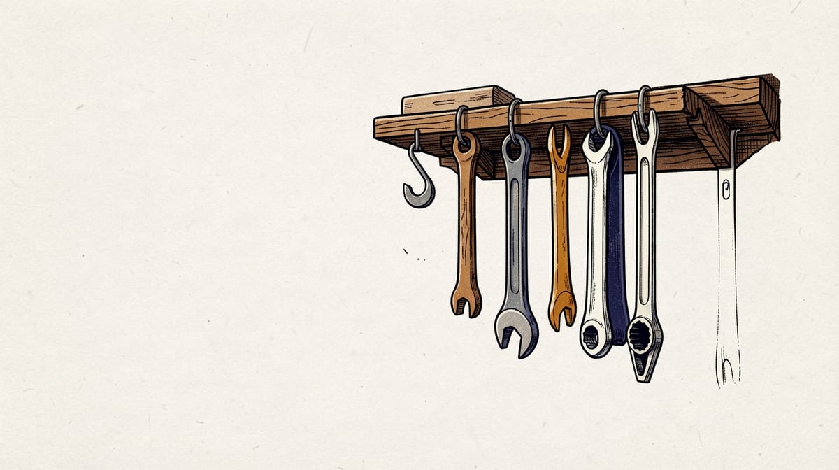 Wooden shelf with tools on hooks; one tool falling with bent hook while other tools remain secure.
