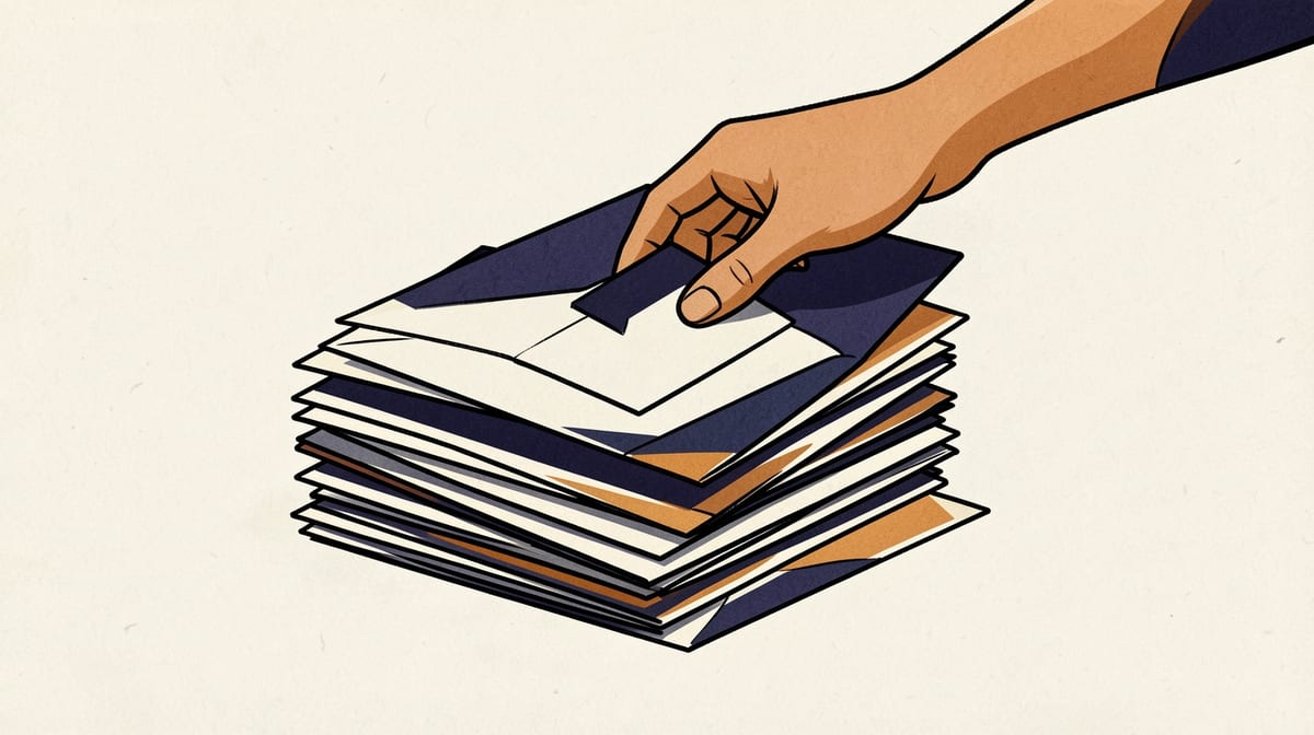 Hand reaching past large envelopes to grab a small one from deep within a sorted stack of envelopes arranged by size.
