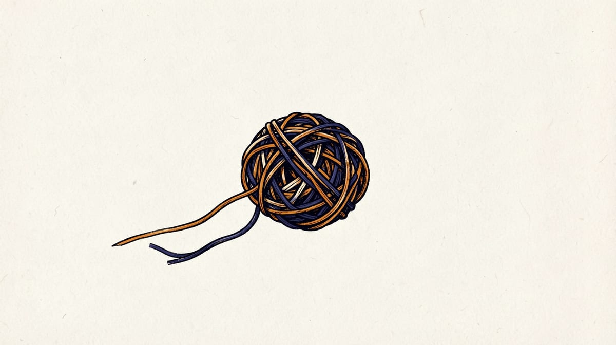 Tangled ball of yarn with one thread being pulled free, gradually revealing the knot's origin point.