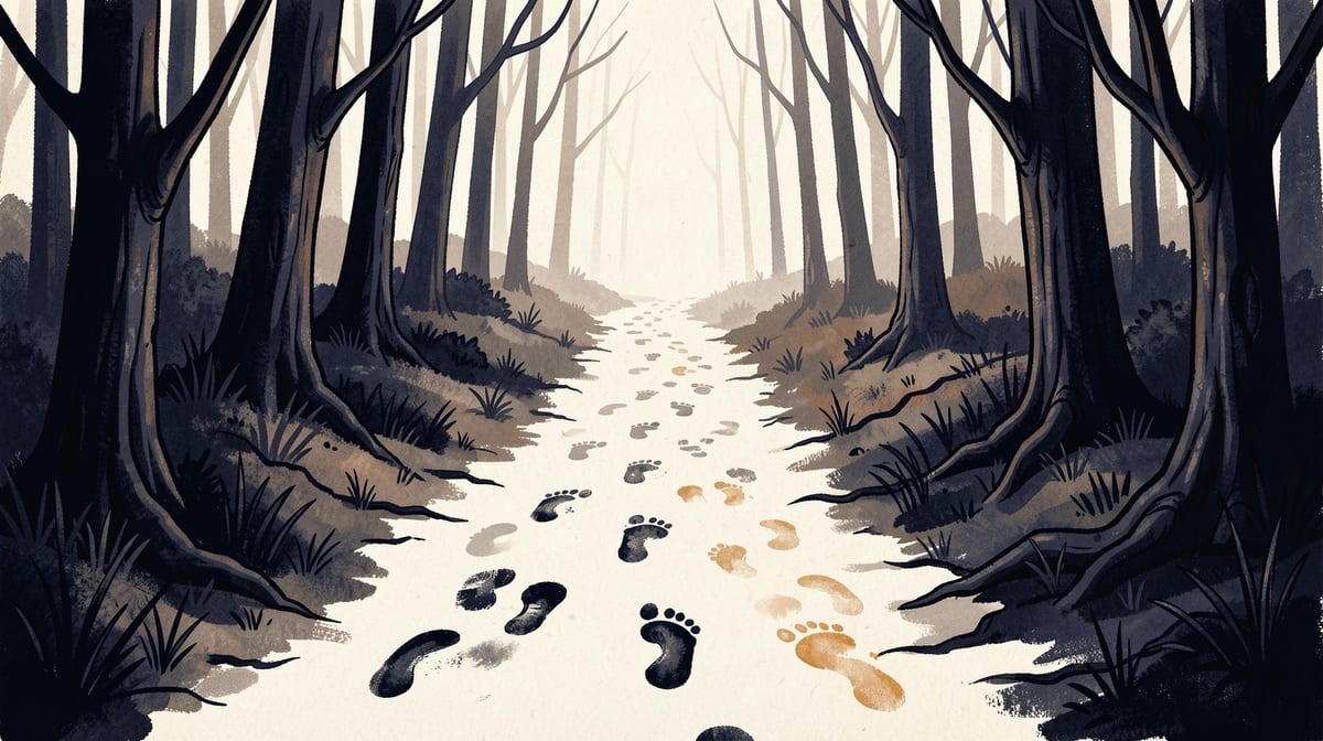 Forest path with footprints fading from dark and distinct to barely visible, showing a diminishing trail through trees.