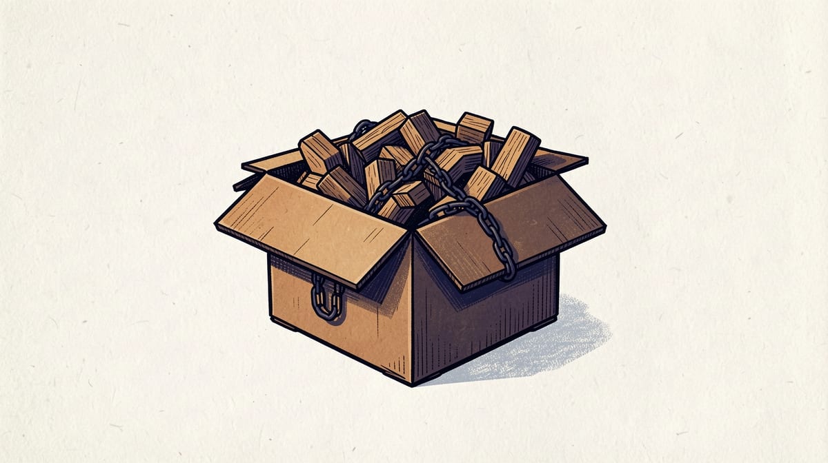 Half-packed moving box filled with tangled wooden blocks and chains, symbolizing complexity and difficulty in extraction.