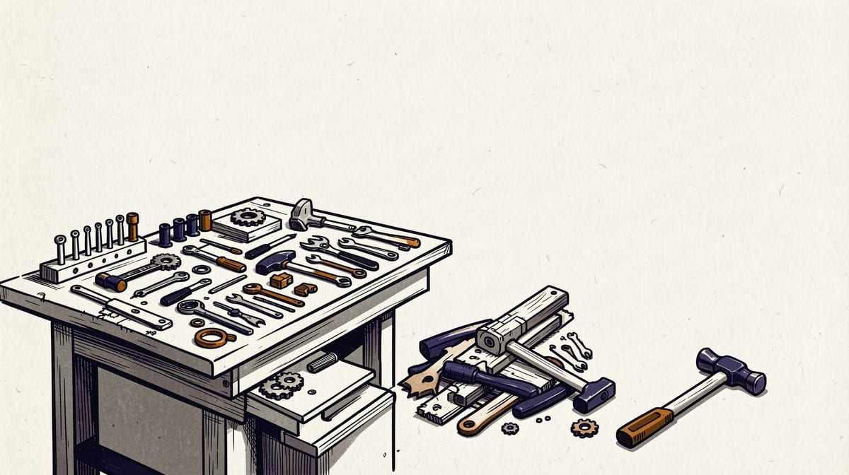 Organized workbench with specialized tools beside a pile of finished projects built with a single hammer.