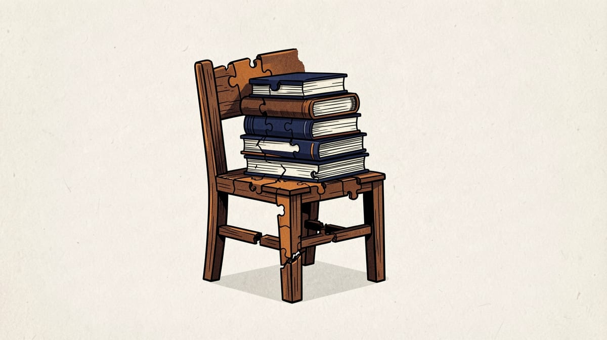 Wooden chair made of interlocking puzzle pieces warping and cracking under a tall stack of books.