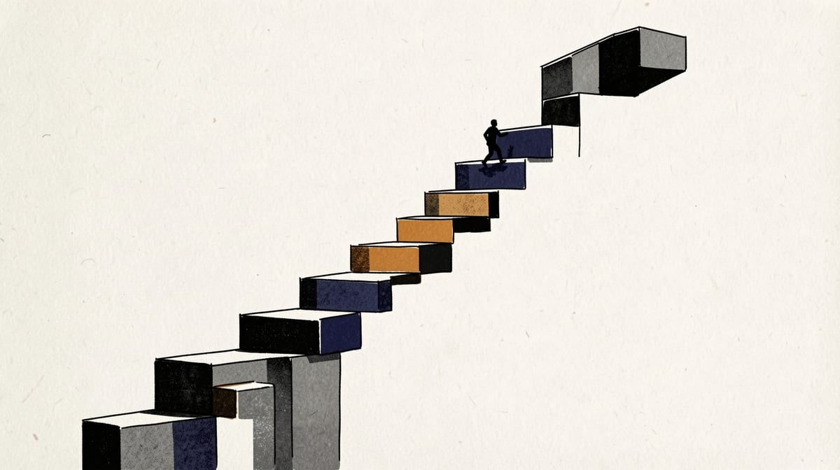 Person standing on a staircase of progressively larger blocks, facing an impossibly tall next step that requires a different climbing technique.