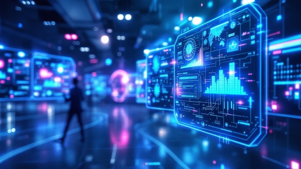 Abstract tech illustration showing LLM benchmark comparison methodology with diverging data paths and performance metrics visualization