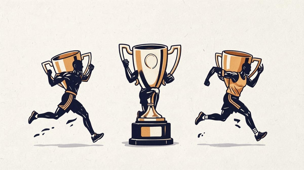 Three identical gold trophies stand side by side as three runners cross a finish line from different angles simultaneously.