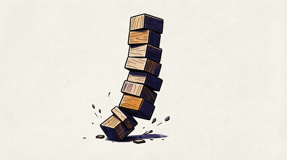 Wooden blocks stacked in a tower tumble as one block is pulled from the bottom of the pile.