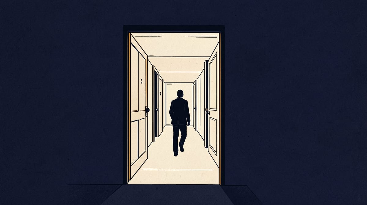 Locked front door with open interior corridor, figure moving freely between rooms with ajar doors.