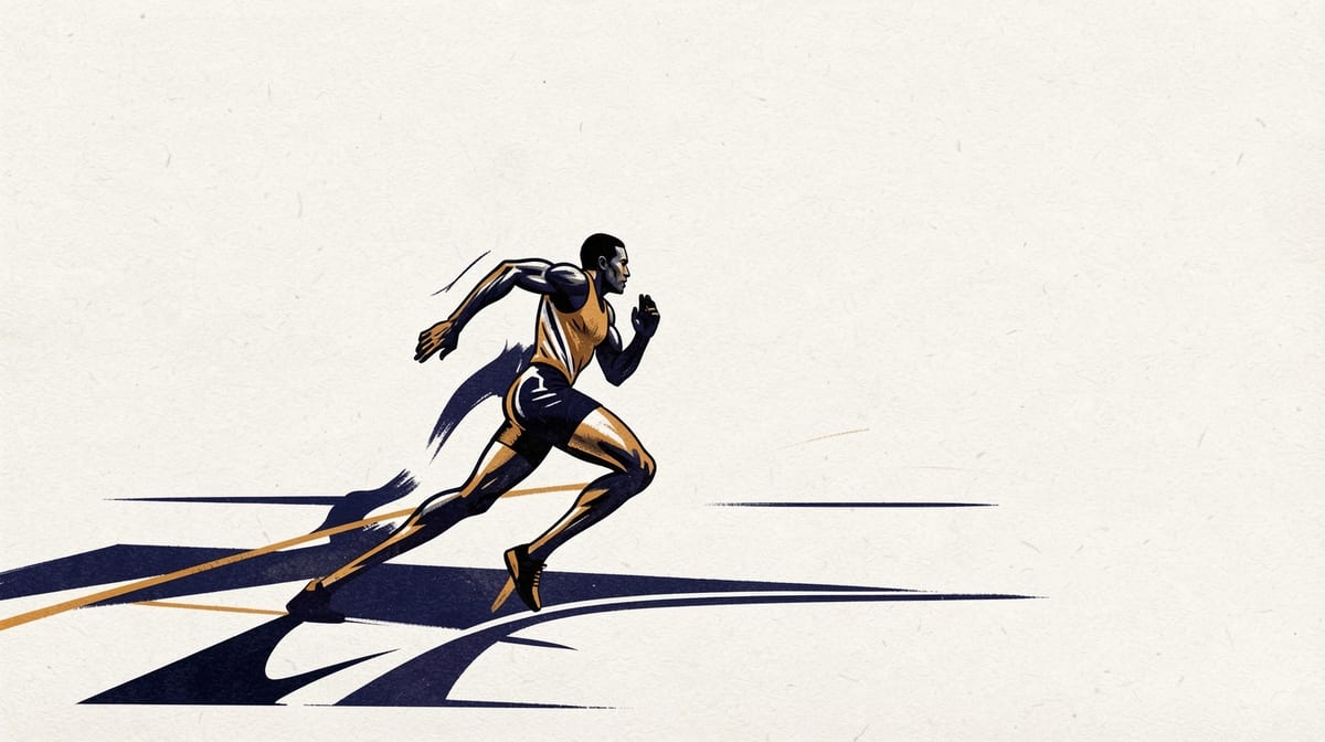 Sprinter in perfect form at starting line, with finish line moving away faster than they can run toward it.