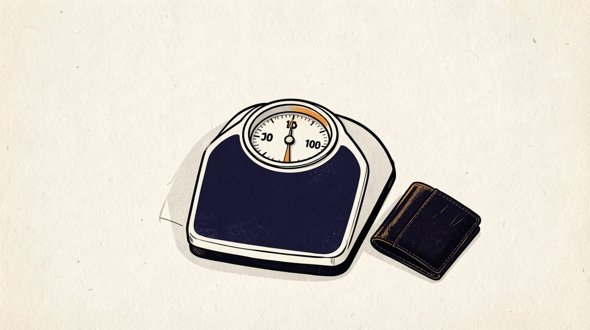 A bathroom scale displaying a high number with an empty wallet lying beside it on the floor.