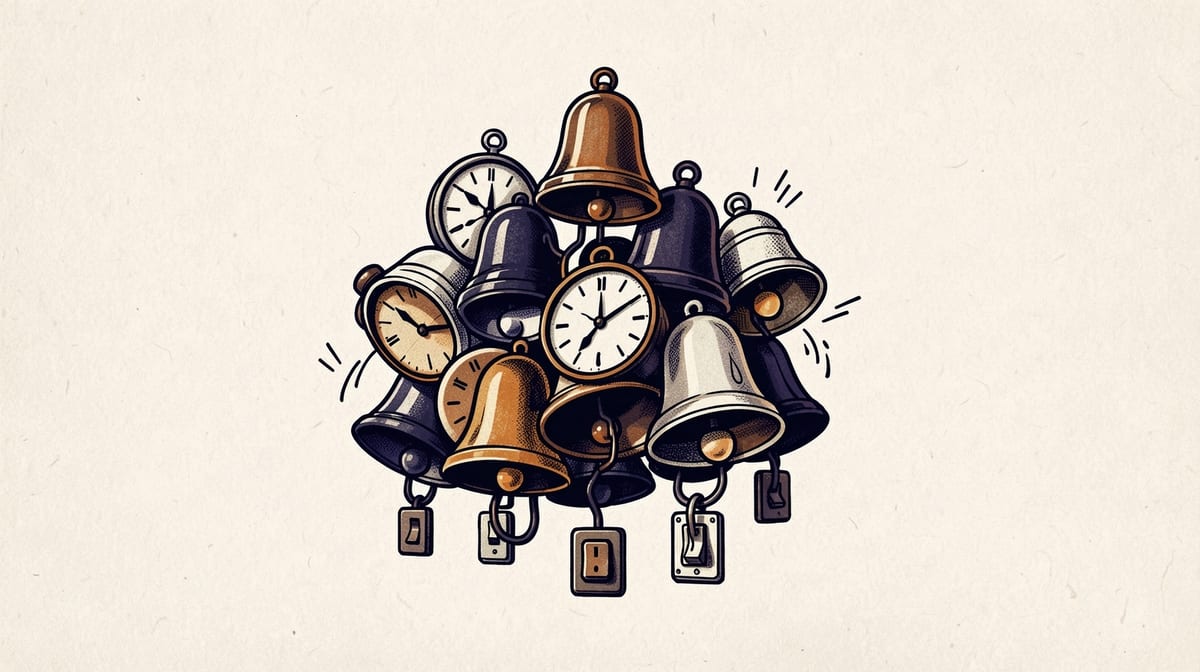 Pile of ringing alarm bells at varying volumes and pitches, with only a few connected to functional switches below them.