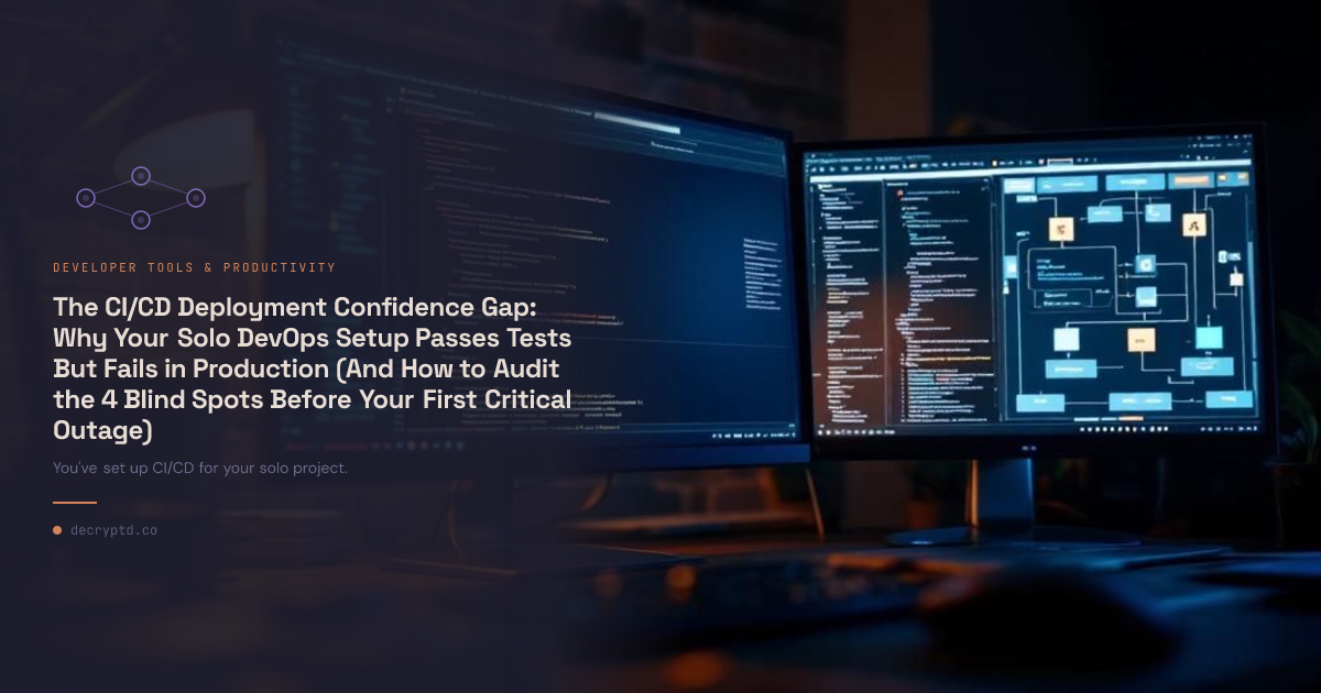 Abstract minimalist tech illustration showing CI/CD pipeline gaps and production failures for solo DevOps developers