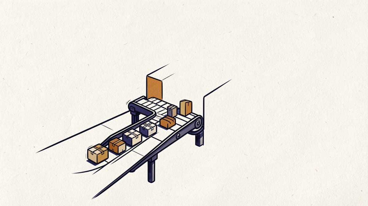 Packages moving smoothly on a conveyor belt system jam where two belt segments meet at different heights.