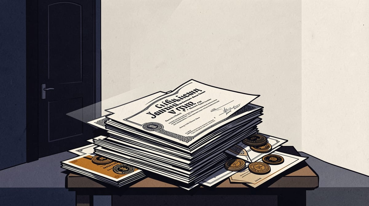 Stack of certificates and badges on a table with shadow falling short of a closed door across the room