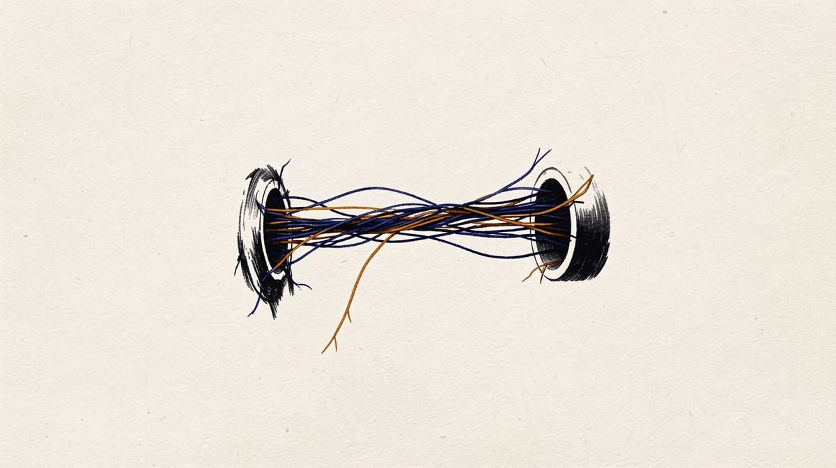 Thread passing through progressively narrower holes, fraying and losing strands with each opening.