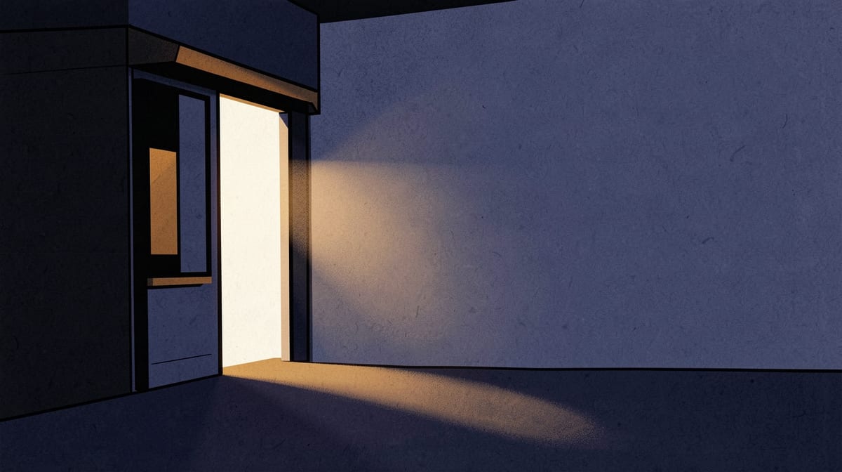 Security checkpoint booth with spotlight beam scanning past an open doorway in its blind spot, while an unlit gap remains in the wall behind.