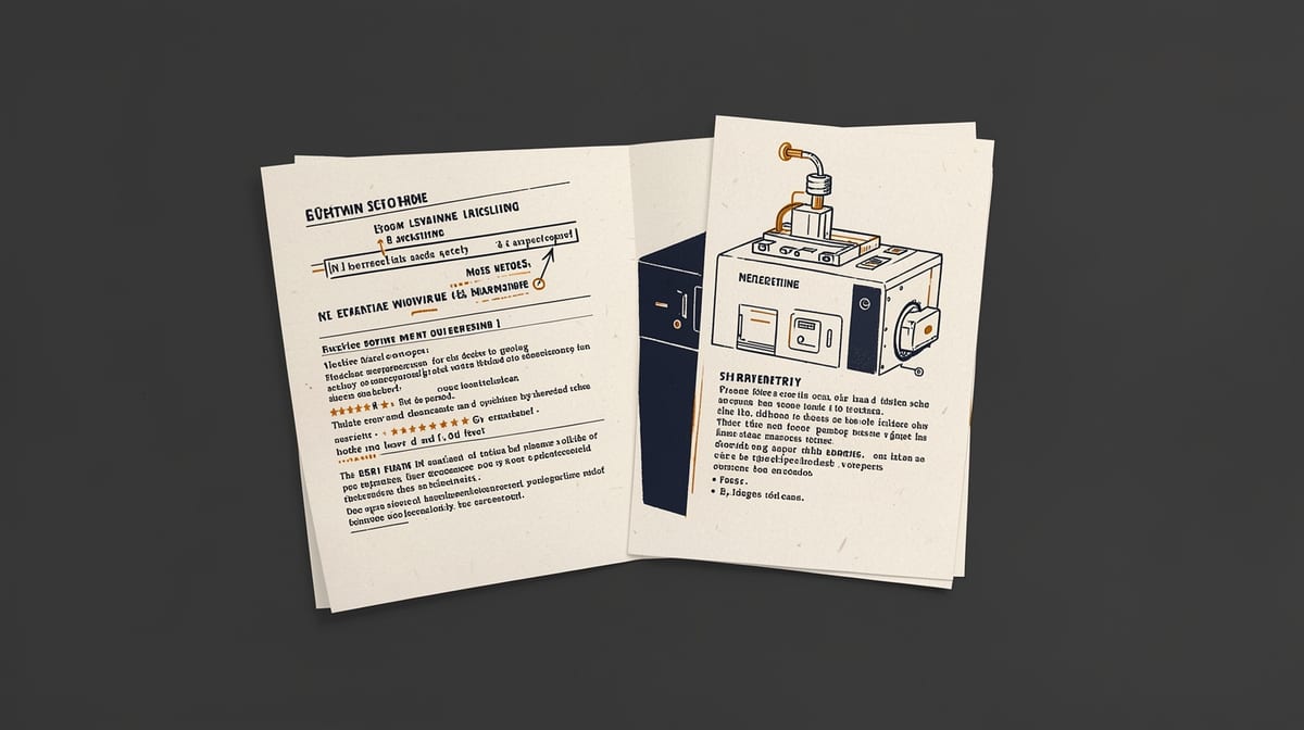 Printed instruction page next to an evolved machine, showing static documentation beside changed hardware.