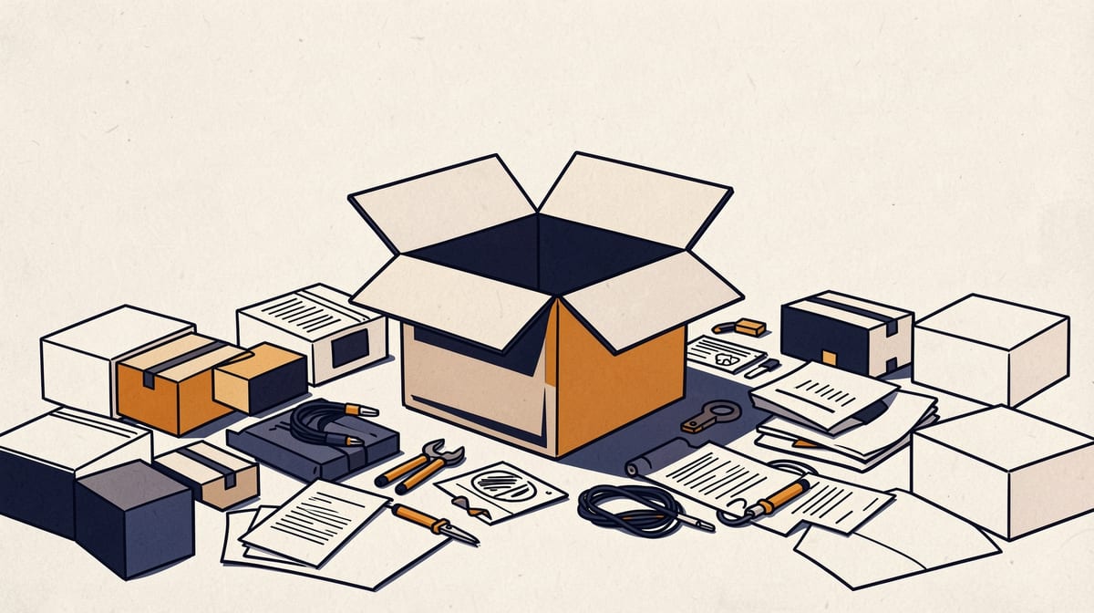 An open moving box labeled with a single price sits empty while dozens of unlabeled boxes, tools, cables, and documents scatter across a surface around it.