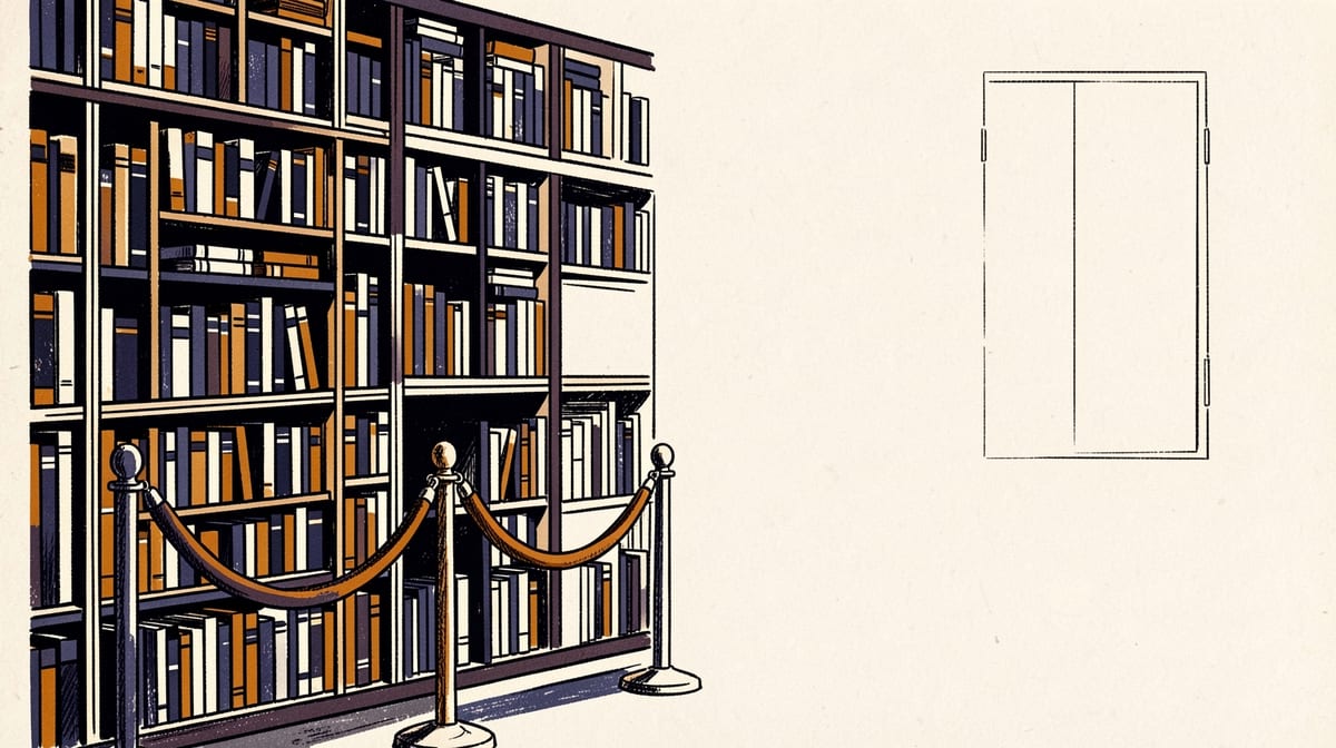 Library shelf with velvet rope blocking access beside window showing person reading from emptier shelf