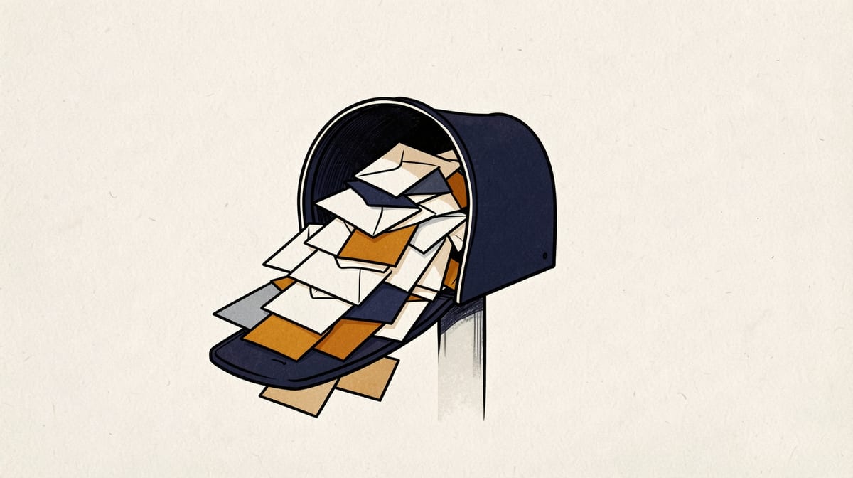 Mailbox overflowing with envelopes arriving at different times, piling up faster than they can be emptied.