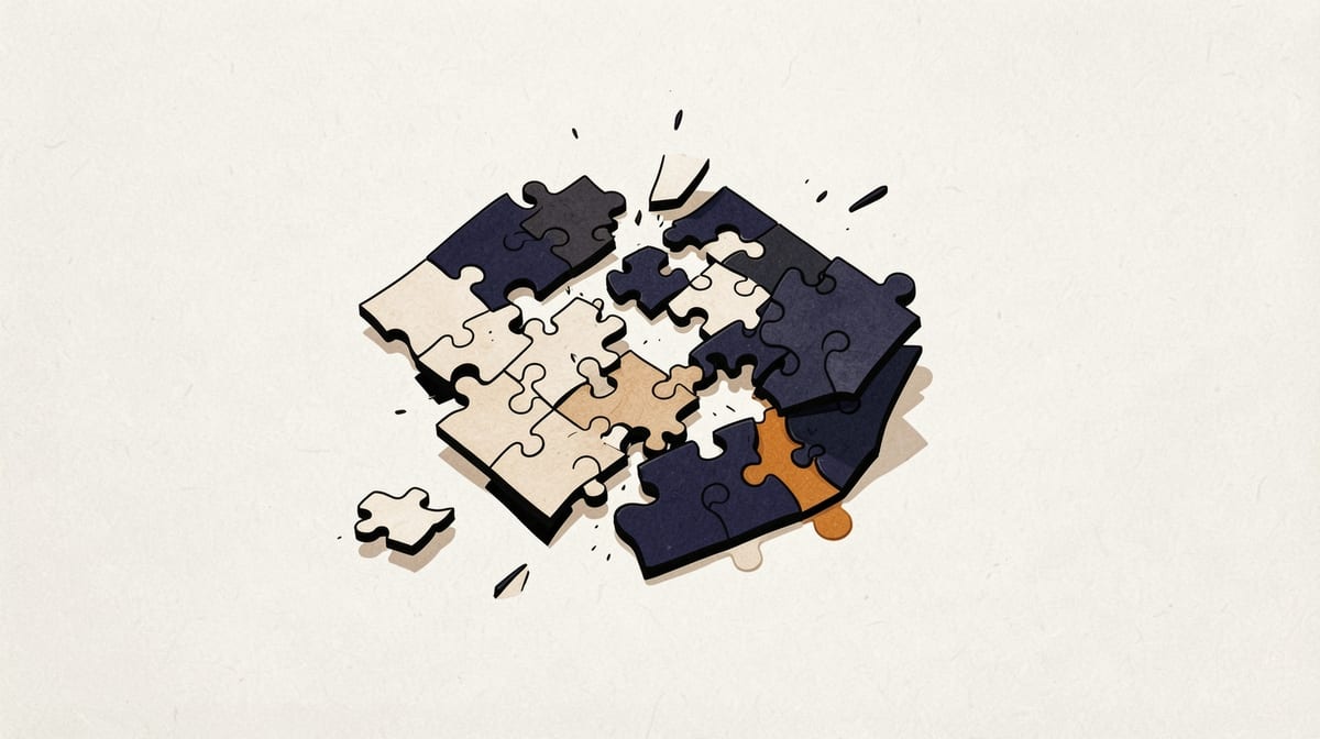 Wooden puzzle assembled perfectly on left side, then fragmenting into misaligned pieces on right side under weight pressure.