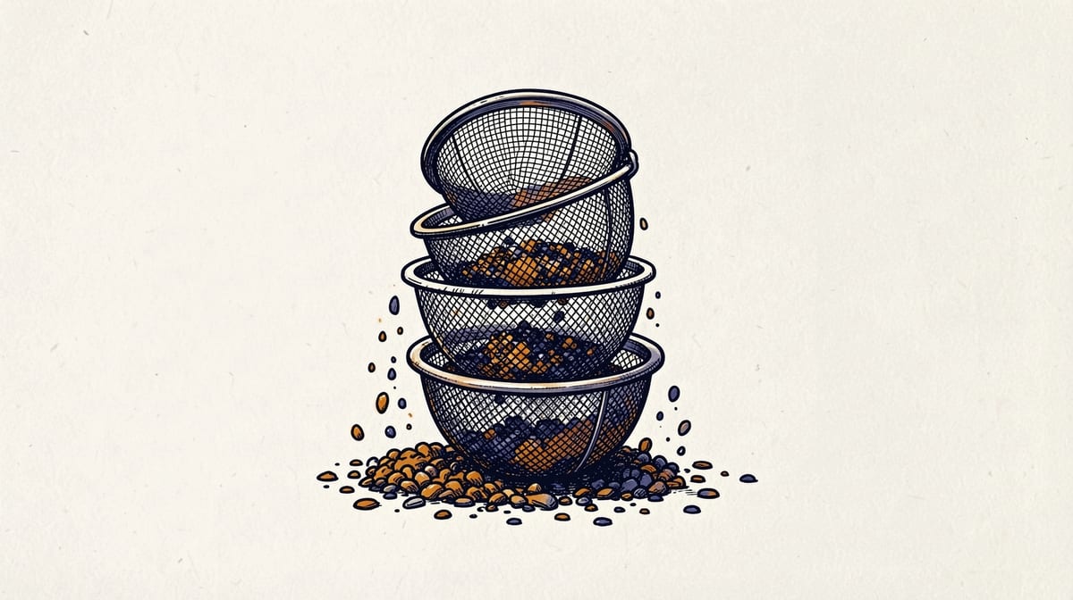 Four stacked sieves of different sizes tilted at angles, each with distinct mesh patterns filtering debris, with some particles passing through all layers.