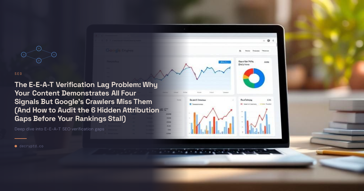 Abstract minimalist tech illustration showing E-E-A-T SEO verification gaps and content attribution challenges for search rankings