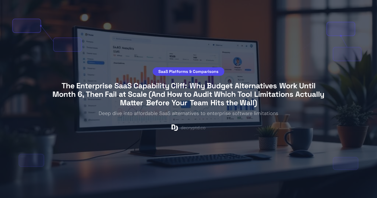Abstract tech illustration showing SaaS software limitations and affordable alternatives for enterprise scaling challenges