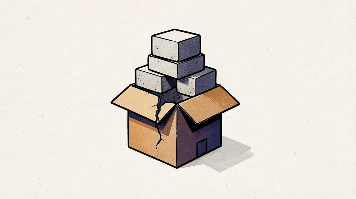 Cardboard box progressively buckling and splitting under the weight of stacked concrete blocks placed on top.
