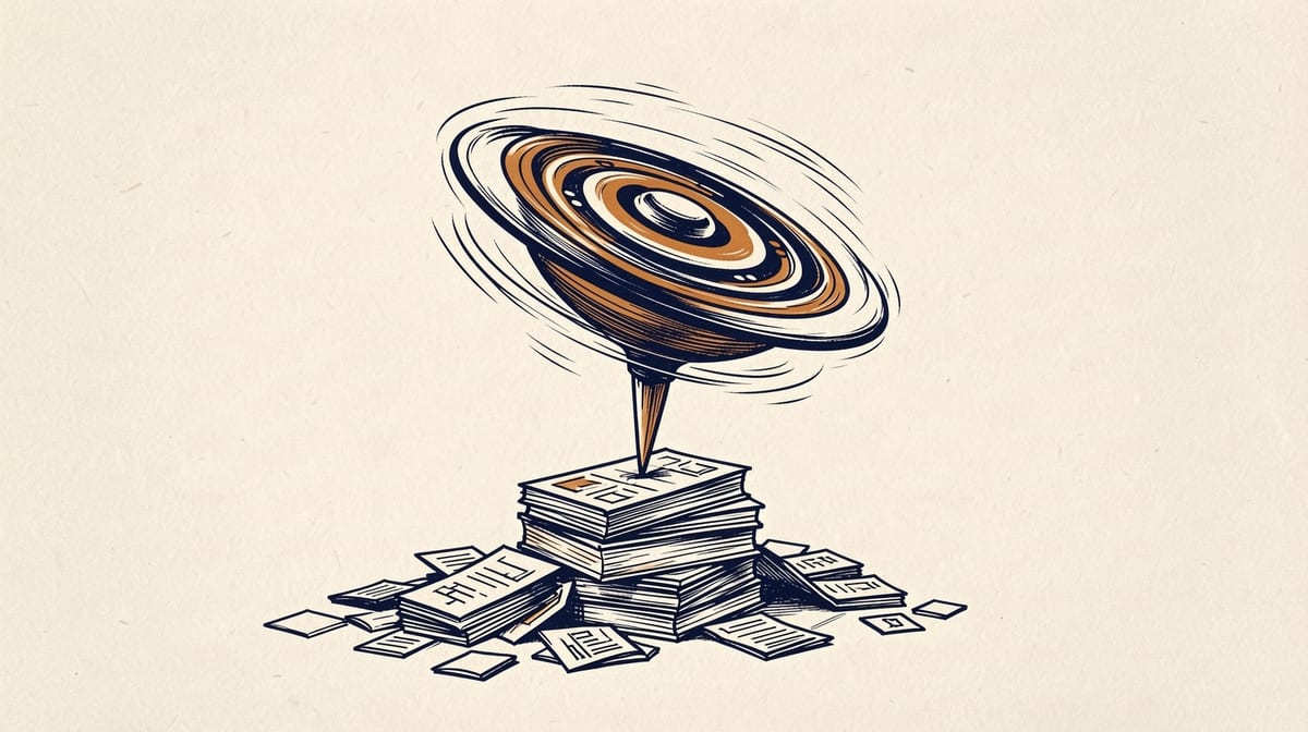 Spinning gyroscope balanced on a pencil point, wobbling faster while a stack of completed tasks falls unfinished around its base.