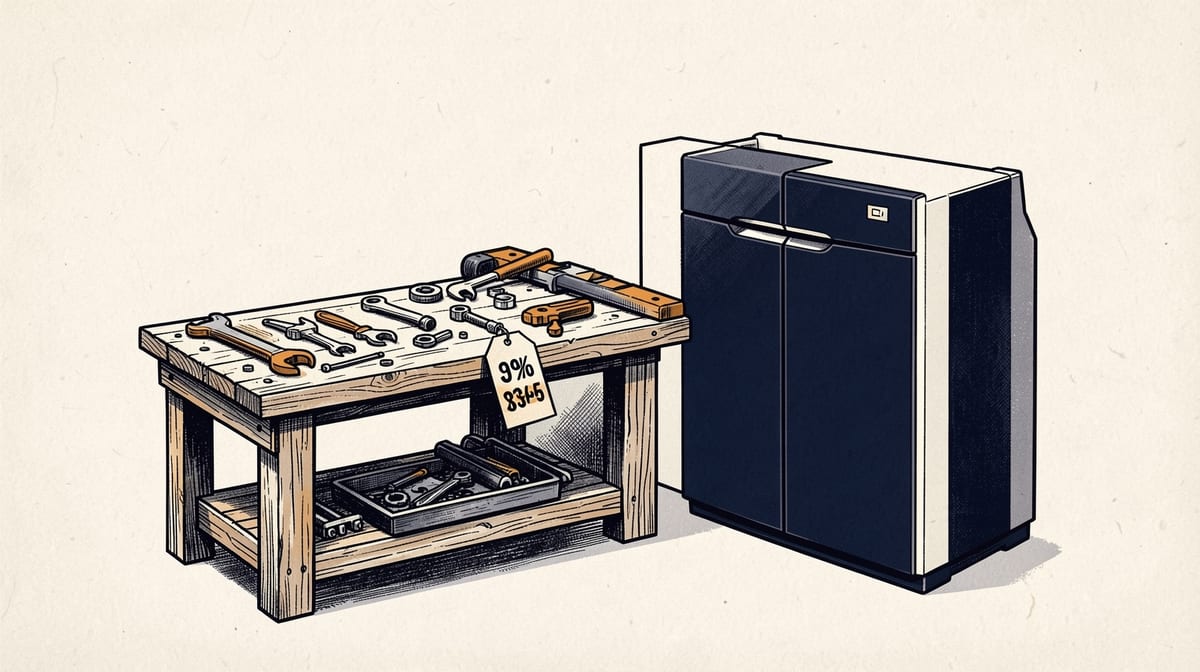 Wooden workbench with scattered tools and parts next to sleek pre-assembled appliance, workbench price tag higher than appliance price tag.
