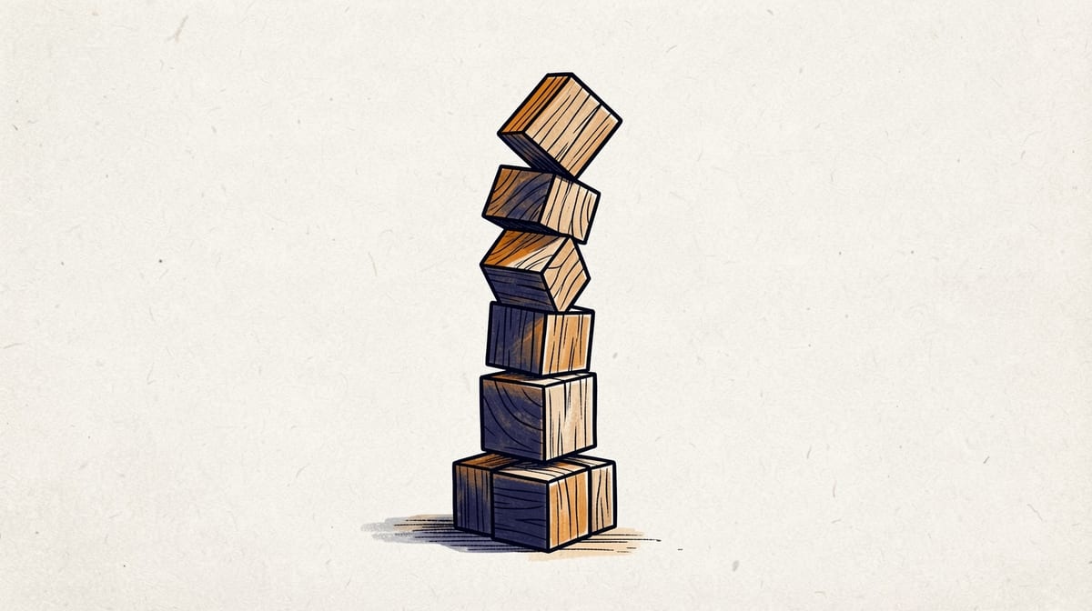 Wooden blocks stacked progressively higher, becoming increasingly unbalanced and tilting to one side at the top.
