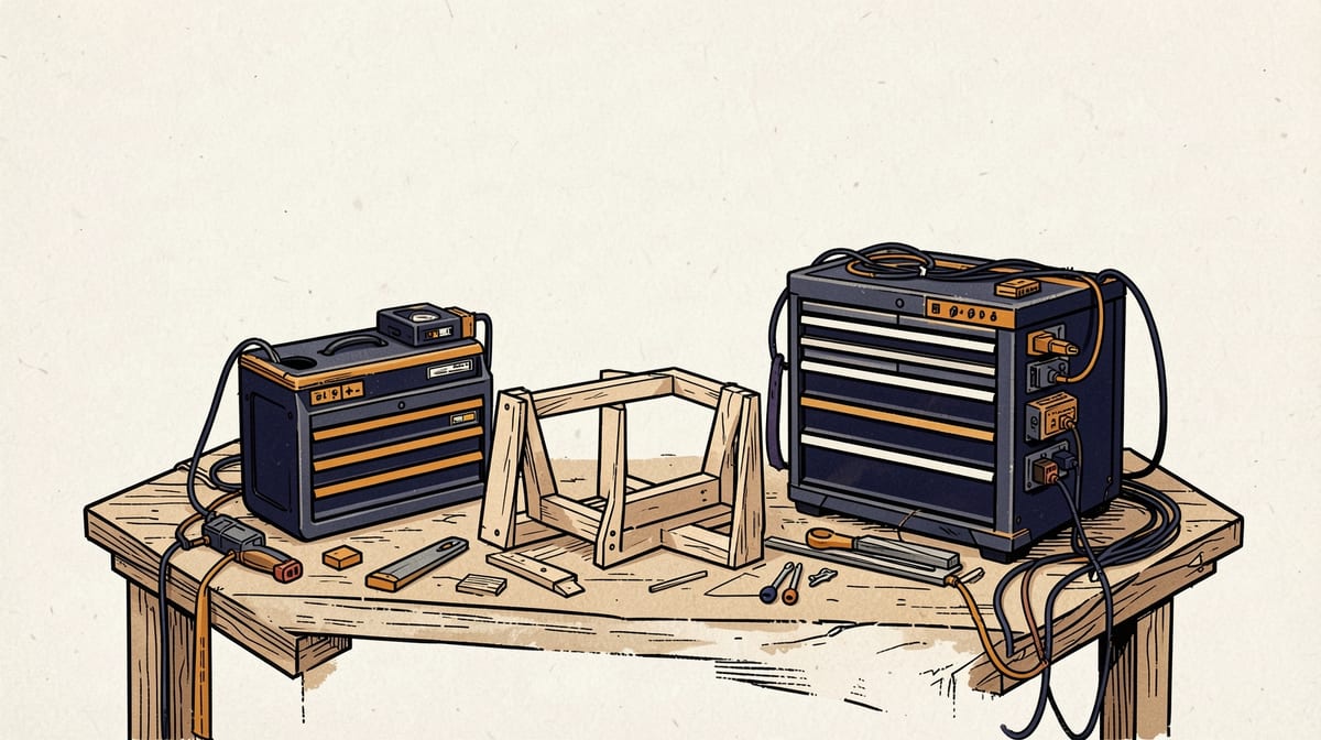 Developer workbench with two tool chests side by side facing an unfinished wooden project - one compact and self-contained, the other with cables and external modules.
