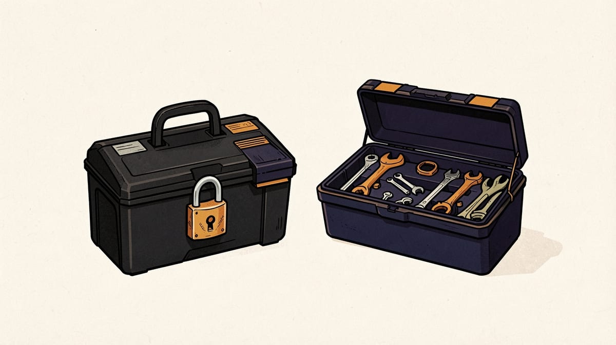 Two identical toolboxes side by side. Left toolbox has a padlock on front. Right toolbox shows open interior with same tools visible, lock removed.