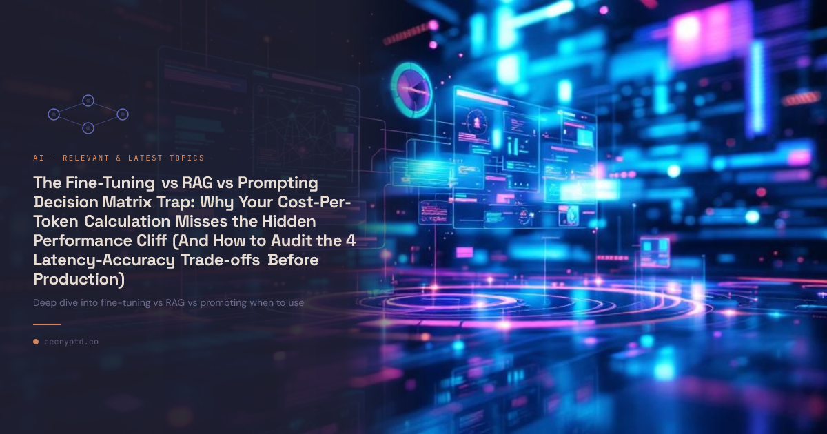 Abstract minimalist tech illustration comparing fine-tuning vs RAG vs prompting decision matrix for AI model optimization strategies