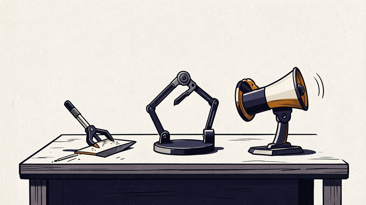 Three tools on a workbench: a sharp blade for precise carving, a flexible gripper arm for reaching objects, and a megaphone for amplifying signals.