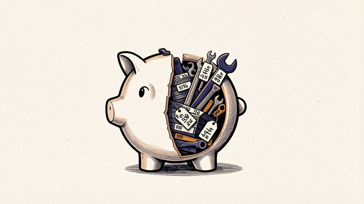 Piggy bank split open revealing stacks of labeled tools and equipment with price tags inside.
