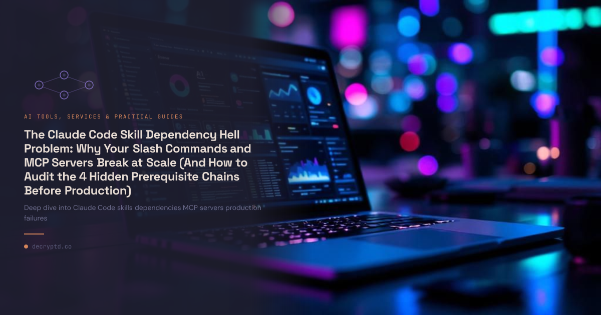 Abstract tech illustration showing interconnected nodes and dependency chains for Claude Code skills and MCP servers architecture
